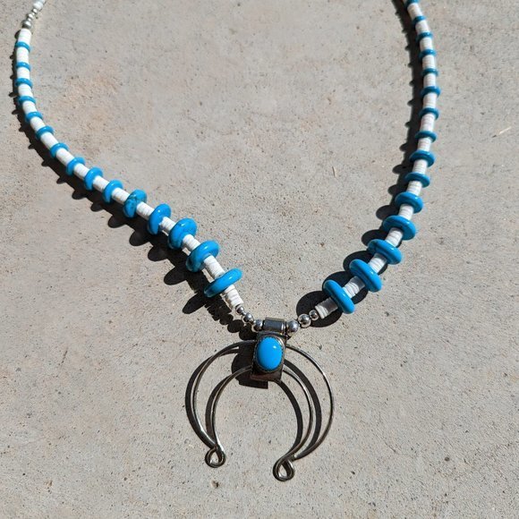 Native American Jewelry Heishi Block‎ Turquoise Naja Pendant Handmade Necklace - Picture 7 of 9